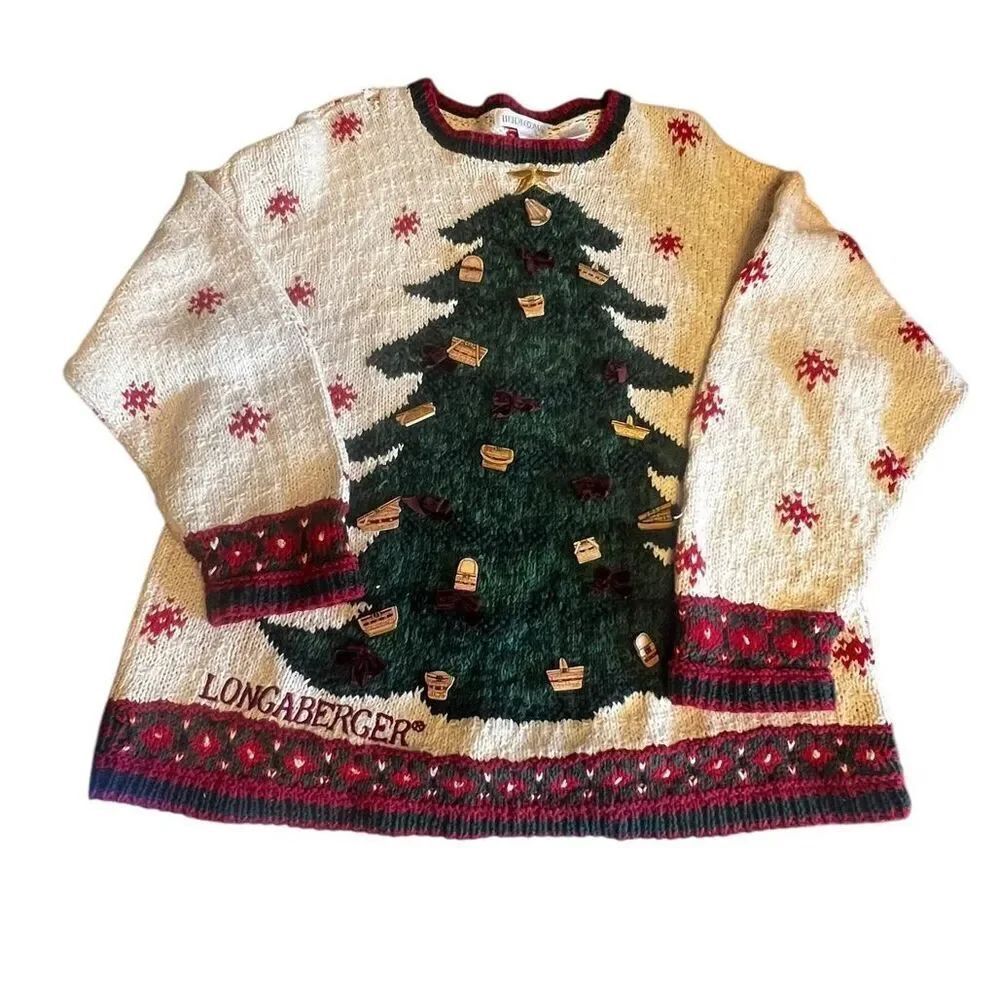 Heirloom Longaberger baskets vintage ugly Christmas sweater 1Xl handknit *flaw*